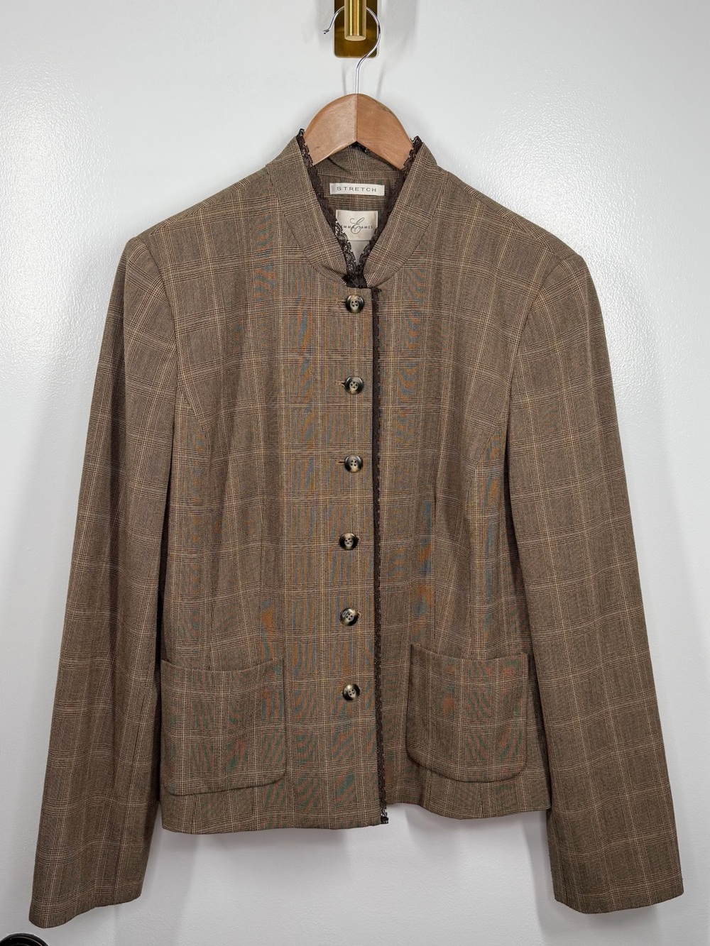 Emma James Vintage Y2K Plaid Blazer Mandarin Collar Lace Trim Size 12 Brown